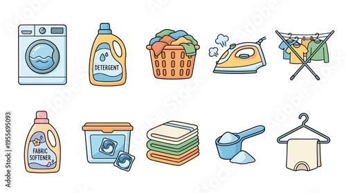Set of laundry and clothing care icons featuring a washing machine, detergent, iron, and folded clothes in a colorful cartoon doodle style representing various household chores