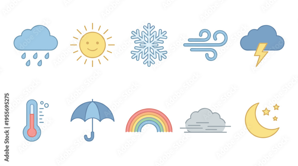 Obraz premium Colorful set of weather forecast icons in a simple flat design, depicting meteorological conditions like sun, rain, snow, wind, storm, temperature, rainbow, and night sky