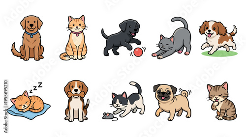 Collection of cute cartoon cats and dogs in various breeds and poses, including playing, sleeping, and sitting, rendered in a simple, charming illustrative style for pet-related designs