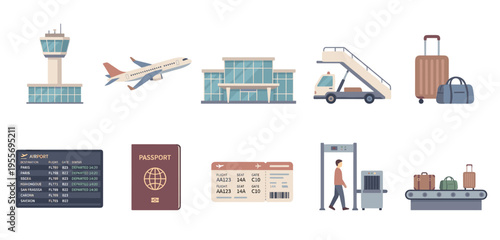 Set of airport and travel icons featuring an airplane, passport, luggage, and terminal building in a flat vector illustration style for tourism and transportation concepts
