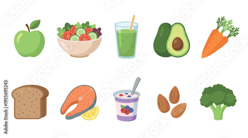 Diverse set of healthy food icons including fruits, vegetables, fish, and nuts for a balanced diet concept, presented in a clean, flat cartoon vector illustration style