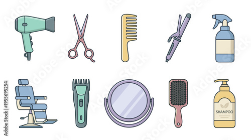 Colorful set of hairdresser and barber tools featuring a hairdryer, scissors, comb, chair, and clipper, presented as a collection of flat design vector icons for a beauty salon