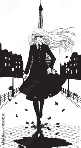 Black and white vector illustration of young woman with long hair in city