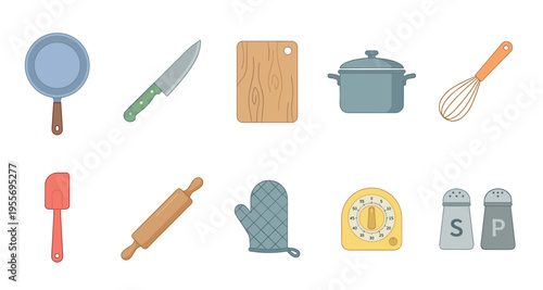 Collection of colorful kitchen utensils and cooking equipment including a pan, knife, pot, whisk, and timer in a flat vector illustration style for culinary and food preparation concepts