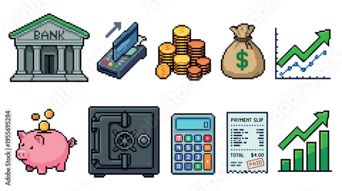 Collection of pixel art finance icons including a bank, piggy bank, safe, coins, money bag, calculator, payment terminal, receipt, and growth charts in a retro 8-bit video game style