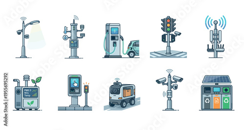 Collection of smart city technology icons showing urban innovation with an EV charging station, autonomous delivery robot, smart traffic light, surveillance cameras, and a solar recycling bin
