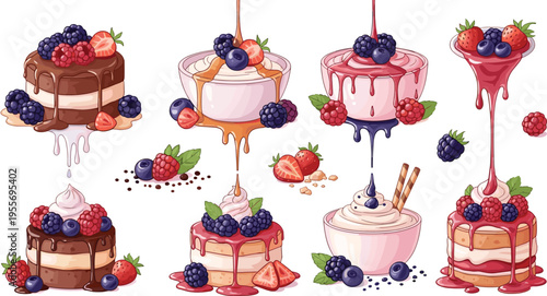 Berry desserts collection with cakes yogurt parfaits and dripping sauces strawberry blueberry raspberry vector illustration set