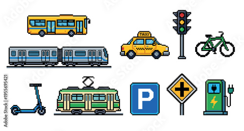 Pixel art collection of urban transportation elements featuring a bus, train, taxi, bicycle, scooter, and traffic signs in a colorful 8-bit retro video game style