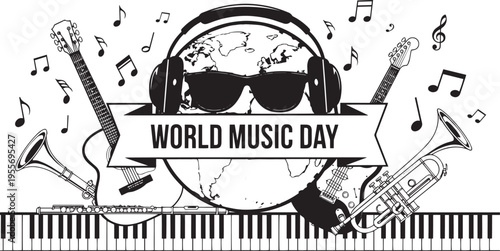 Jazz music world music day celebration with saxophone piano and headphones