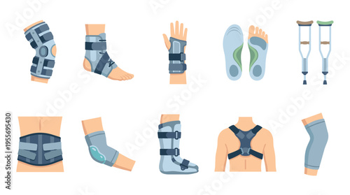Set of orthopedic medical braces and supports for injury rehabilitation and posture correction, including crutches, splints, and insoles in a flat vector illustration style
