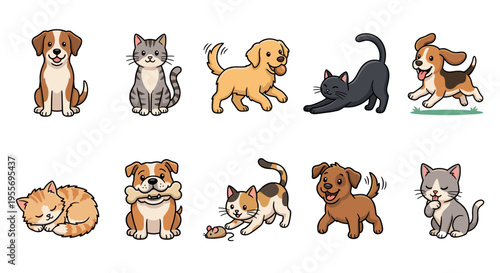 Collection of cute cartoon cats and dogs in various playful poses, including sitting, running, sleeping, and stretching, rendered in a simple, friendly, and colorful illustration style
