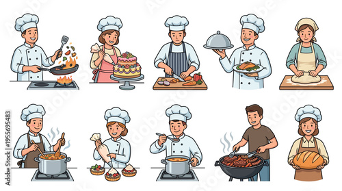 Cartoon chef and home cook character set showing people engaged in various culinary activities like frying, baking, grilling, chopping, and serving food in a clean, illustrated style