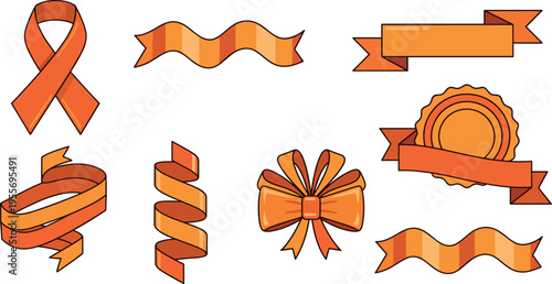 Orange ribbon banner and bow vector set awareness symbol decorative ribbon collection isolated modern design elements