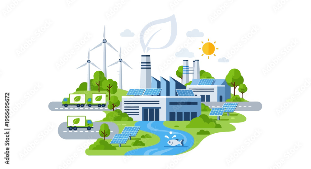 Naklejka premium Green Energy and Sustainable Industrial Landscape with Eco-Friendly Logistics and Clean Production