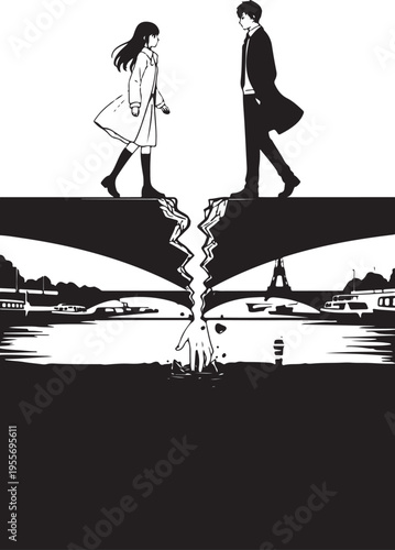 Couple walking on broken bridge vector illustration