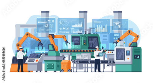 Industry 4.0 Smart Factory with Robotic Automation, Engineers, and Data Analytics in Modern Manufacturing