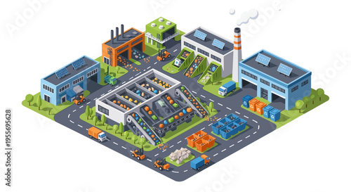 Isometric Recycling Plant: Sustainable Waste Management & Sorting Facility Illustration