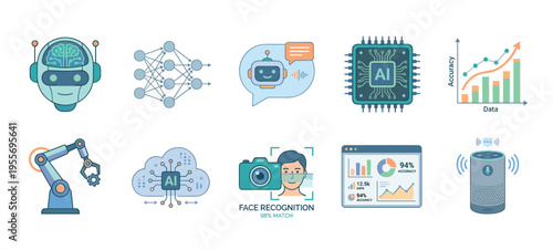 Set of artificial intelligence technology icons showing machine learning, robotics, neural networks, data analysis, chatbots, and face recognition in a modern flat illustration style