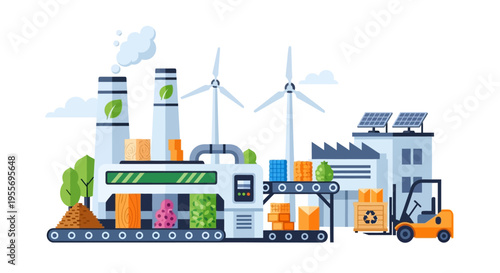 Sustainable Green Factory & Eco-Production. Renewable Energy Powers Industrial Manufacturing, Recycling & Resource Processing. Flat Vector Illustration.