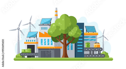 Sustainable Green Industry Concept: Eco-Friendly Factory with Renewable Energy, Recycling, and Economic Growth