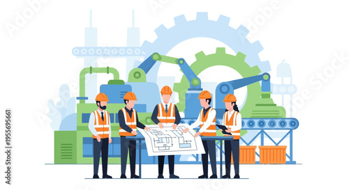 Engineers and Industrial Workers Team Reviewing Factory Blueprint. Manufacturing Automation, Production Planning, Construction Safety & Smart Industry