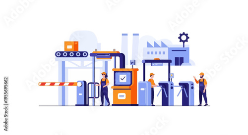 Industrial Factory Logistics & Production with Workers, Conveyor Belt, Access Control, and Security Gates Vector