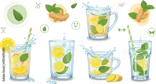 Detox lemon ginger mint drinks collection with water glasses refreshing healthy beverage vector illustration set