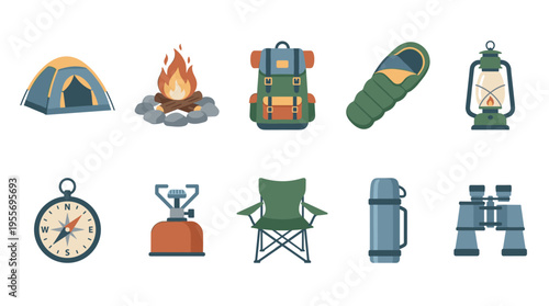 Set of ten flat vector camping icons featuring essential outdoor gear like a tent, campfire, backpack, sleeping bag, lantern, compass, stove, chair, thermos, and binoculars