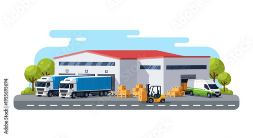 Logistics and Supply Chain Management: Warehouse with Trucks, Forklift, and Pallets for Global Shipping and Distribution