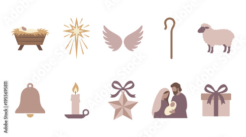 Set of Christmas nativity story icons featuring the holy family, baby Jesus in a manger, a star, and a sheep in a flat, minimalist vector style with a muted color palette