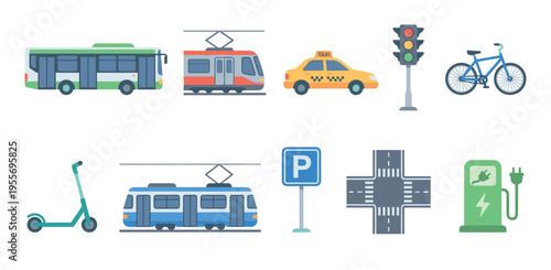Urban transportation and city life icon set featuring a bus, tram, taxi, bicycle, scooter, traffic light, intersection, parking sign, and an electric vehicle charging station illustration