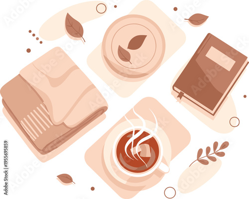 Cozy autumn lifestyle composition with tea book and blanket warm hygge atmosphere vector illustration set
