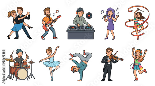 Collection of diverse cartoon characters dancing and playing musical instruments in various styles, including ballet, breakdance, ballroom, rock, classical, and pop music performance