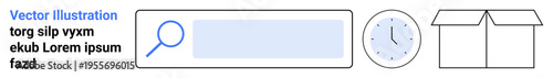 Information search, logistics planning, e-commerce, online delivery, organization, and time tracking. A search bar, a clock and an open box. E-commerce and time tracking conceptual graphic