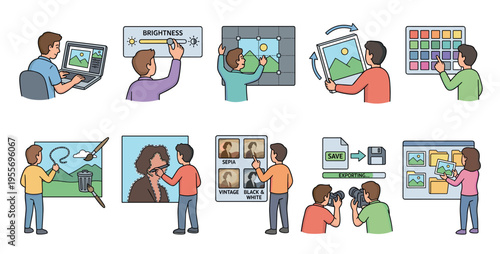 Photo editing and digital photography workflow icons showing various steps like adjusting brightness, cropping, rotating, color correction, and applying filters in a cartoon doodle style