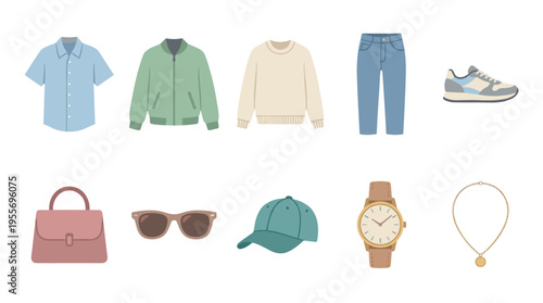 Collection of casual clothing and accessories for a complete outfit, featuring a shirt, jacket, sweater, jeans, sneaker, bag, sunglasses, cap, watch, and necklace illustration