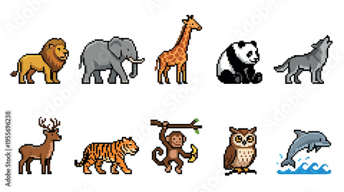 Set of ten wild animal pixel art characters including a lion, elephant, giraffe, panda, and dolphin, designed in a classic retro 8-bit video game sprite style