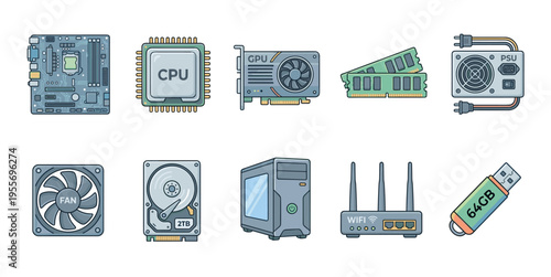 Set of computer hardware components and electronic devices for PC building, illustrated in a colorful cartoon line art style showing motherboard, processor, and video card