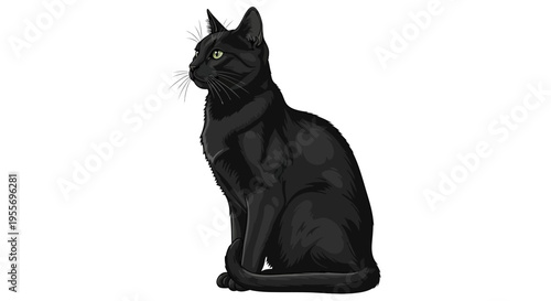 Sleek black cat with green eyes sits patiently