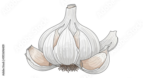 Fresh Garlic Bulb with Cloves Isolated on White Background