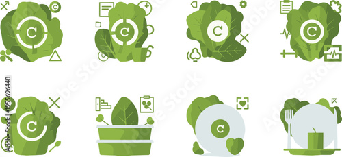 Vitamin C concept icons with lettuce leaves health nutrition immune support and organic food vector illustration set