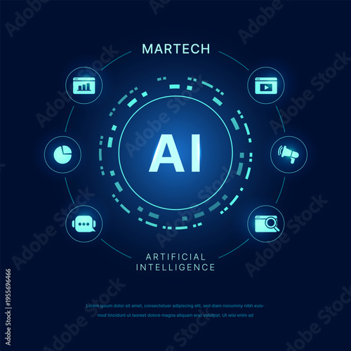 AI Automation workflow of Data Analytics Marketing infographic visualization, Agentic Ai Data Analysis of Business Management including Chart Research, Media Ads analyze Icons Vector Modern Futuristic