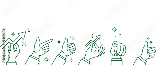 Illustrated hands displaying positive gestures and upward trends