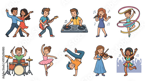 Collection of cute cartoon characters dancing, singing, and playing musical instruments including a guitar, drums, and violin in a vibrant and joyful illustration set