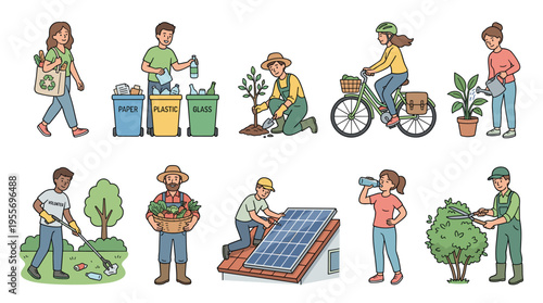 Collection of hand-drawn illustrations showing people engaged in eco-friendly activities like recycling, planting trees, riding bikes, and using solar power for a sustainable lifestyle
