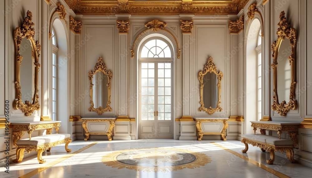 Fototapeta premium Elegant palace room with white walls and gold ornate decor. Large mirrors reflect light from arched doorway and windows. Marble floor has decorative inlay.