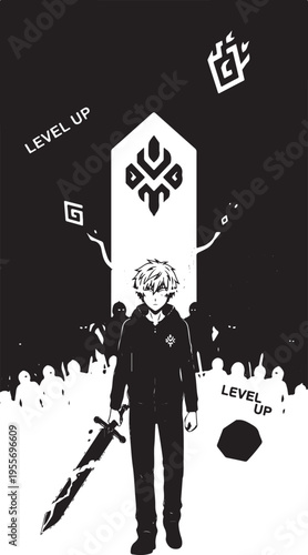 Vector illustration of anime character leveling up with sword