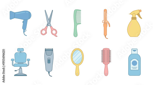 Collection of colorful hairdresser and barber tools including a hairdryer, scissors, comb, and chair in a flat minimalist icon set for a beauty salon or barbershop concept