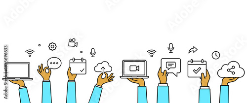 Collaborative digital tools and communication methods illustrated by hands holding icons.