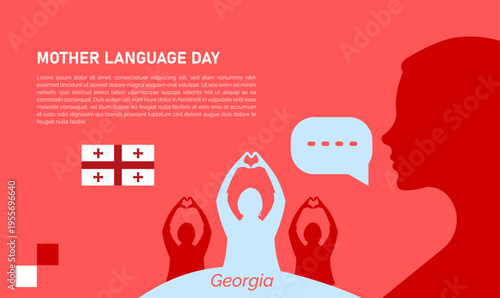 Mother Language Day in Georgia: illustration with woman profile, speech bubble, Georgian flag, and heart shapes, Woman Silhouette